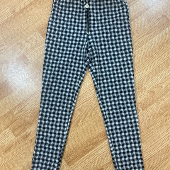 Zara Gingham Black & Tan Plaid Skinny Pants Front Zipper Size L Elastic Waist - Picture 5 of 11
